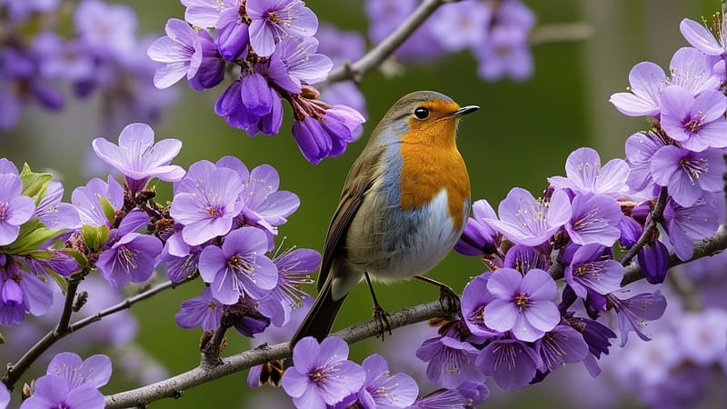 Robin bird in Spring season on a tree branch covered with purple flowers, novenyzet, evad, faag, termeszet, lila viragok, ules, tavaszi, szirmok, robin madar, HD wallpaper
