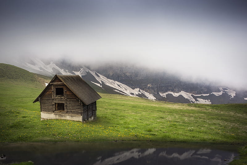 Man Made, Cabin, Fog, House, Lake, Mountain, HD wallpaper