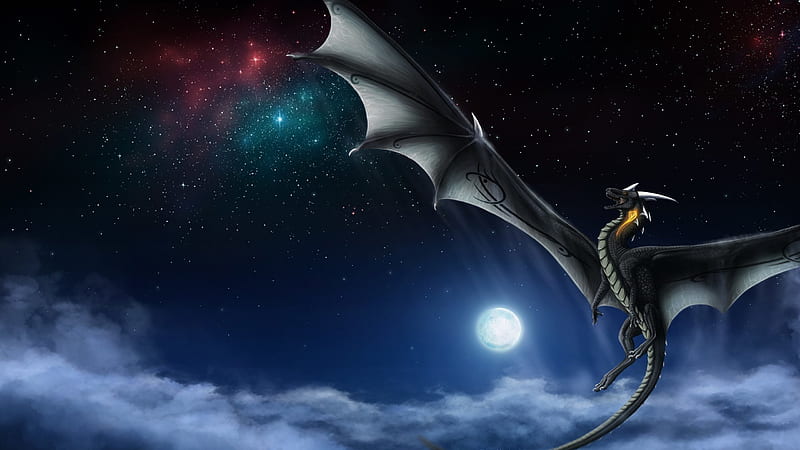 Fantasy Dragon Is Flying Above In A Star Sky Background Dreamy, HD wallpaper