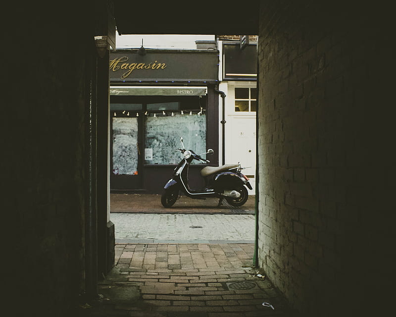 black automatic scooter as seen from alleyway, HD wallpaper