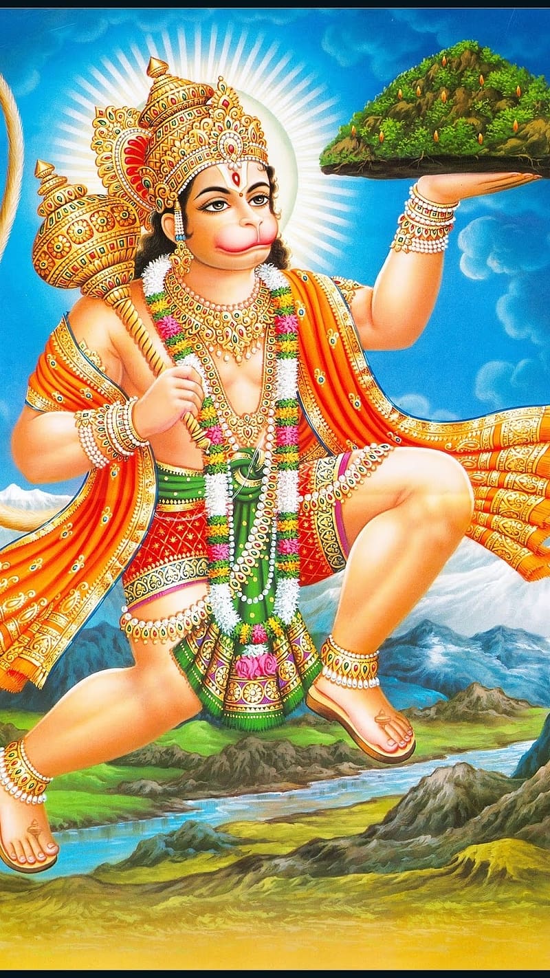 Hanuman Ji Dronagiri Parvat Ke Saath, hanuman ji ke, bhakti, HD phone wallpaper