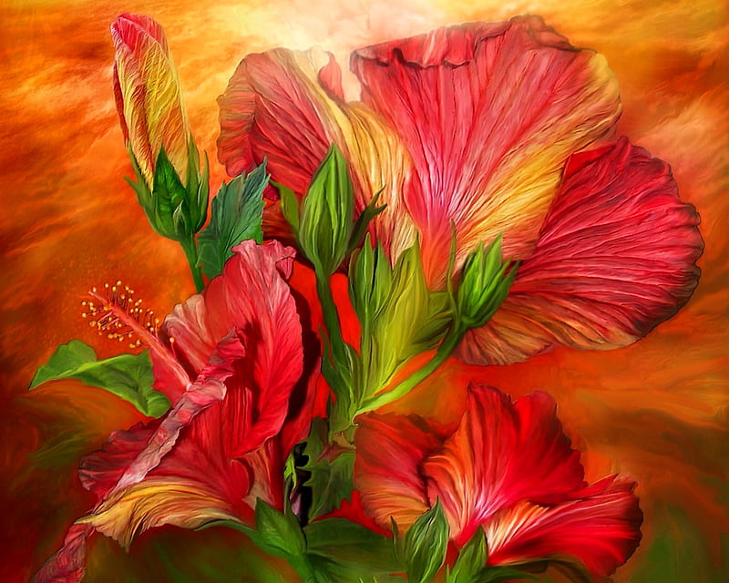 Hibiscus, red, carol cavalaris, luminos, orange, painting, flower, pictura, HD wallpaper