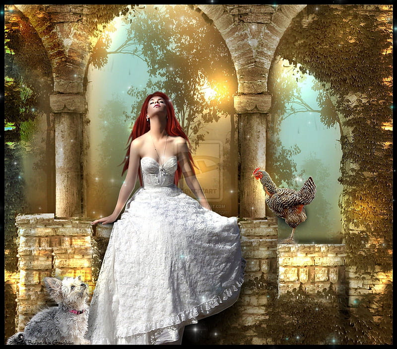 ~With Love and Desire~, with love, pretty, chicken, redhead, women, sweet, desire, solitary, fantasy, manipulation, love, emotional, face, dog, lovely, models, lips, trees, softness, cute, cool, arch, eyes, white, dress, digital arts, shine, bonito, hen, hair, leaves, gentle, people, girls, light, puppy, gorgeous, animals, female, colors, vine, plants, tender touch, ivy, HD wallpaper