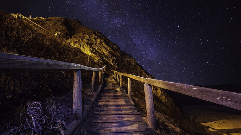 stairway to heaven, mountain, stars, stairs, sky, rails, night, HD wallpaper