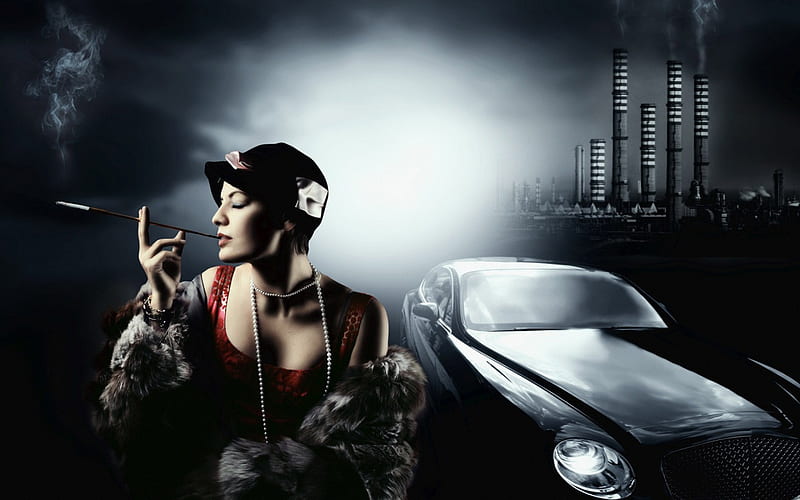 Classic Style, car, smoke, lady, old, style, HD wallpaper