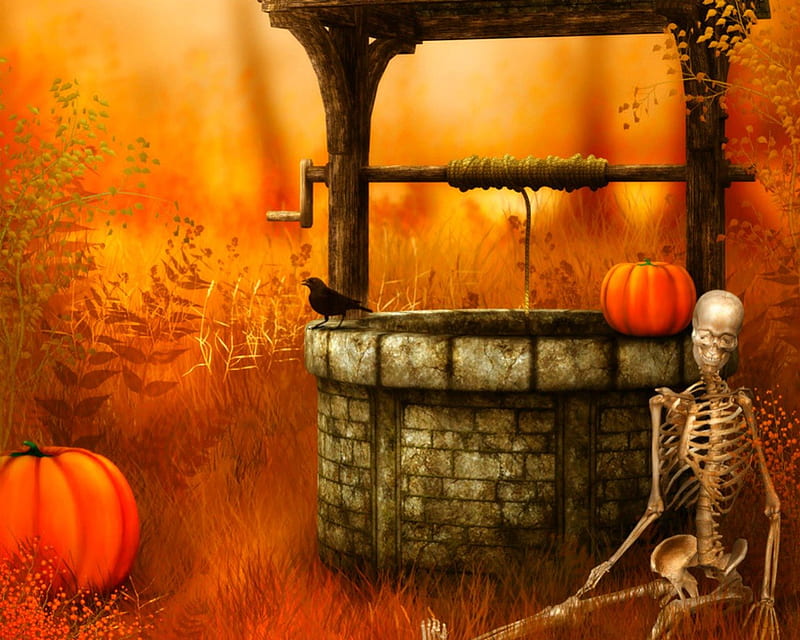 Wishing well, skeleton, halloween, pumpkin, well, HD wallpaper