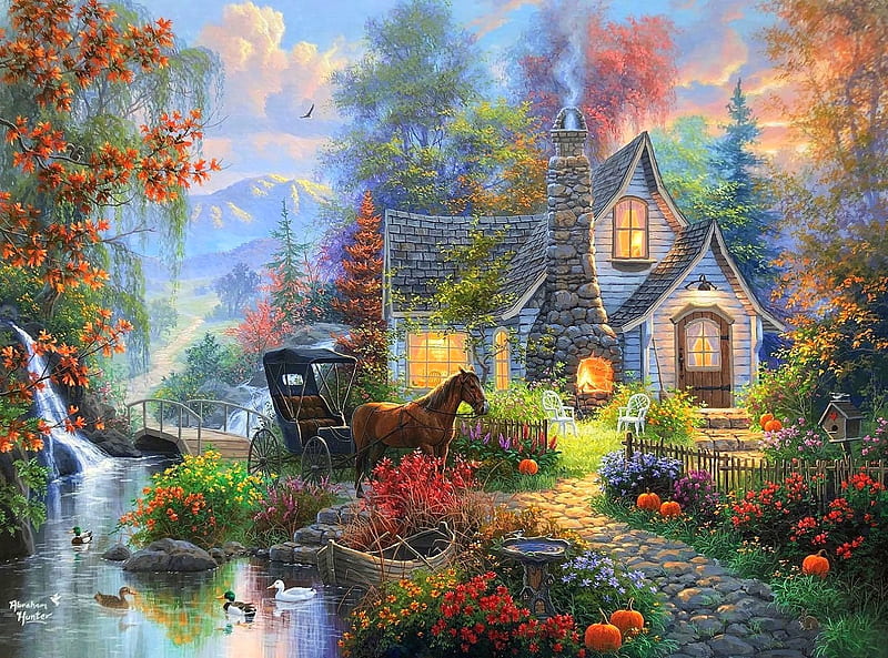 Fairytale Cottage, autumn, fall season, cottages, ducks, love four seasons, attractions in dreams, horse carriage, waterfalls, valley, boat, paintings, mountains, garden, nature, pumpkins, HD wallpaper