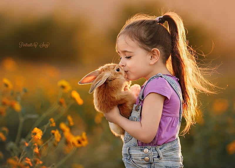 Sweet kiss, rabbit, orange, kiss, animal, sweet, cute, girl, summer, flower, copil, bunny, child, rodent, pink, HD wallpaper