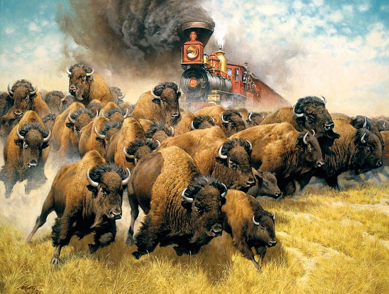 The Coming of The Iron Horse, bison, trains, painting, steam, animals, HD wallpaper