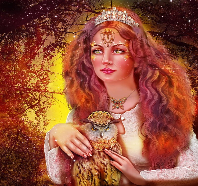 ~Queen and Owl in Fall~, fall, autumn, redhead, background, queen, bonito, digital art, crowns, fantasy, manipulation, girls, owl, models, lovely, necklace, colors, love four seasons, creative pre-made, diamonds, weird things people wear, HD wallpaper
