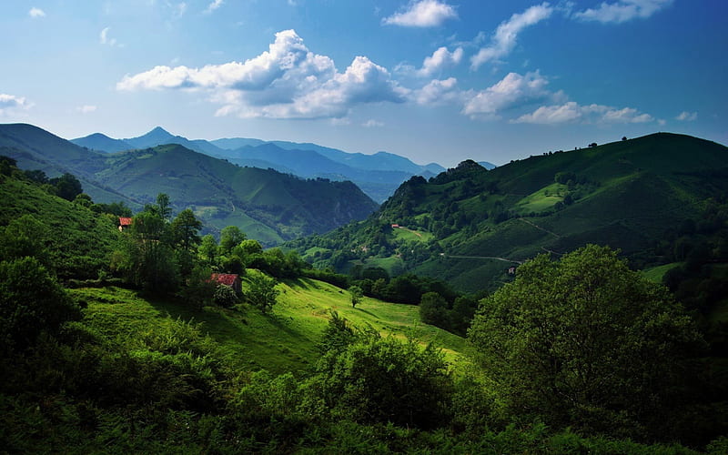 Beautiful View, green, mountains, bonito, nature, country, trees, sky, blue, HD wallpaper