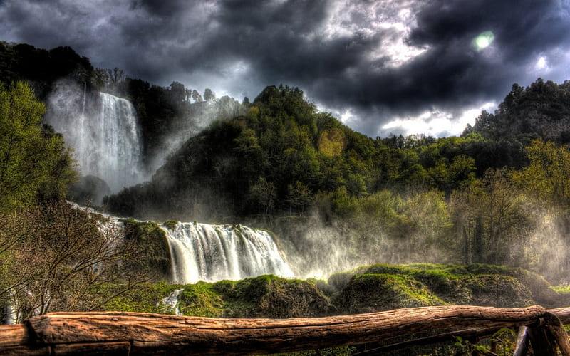 beautiful waterfalls r, forest, banister, r, clouds, waterfalls, HD wallpaper