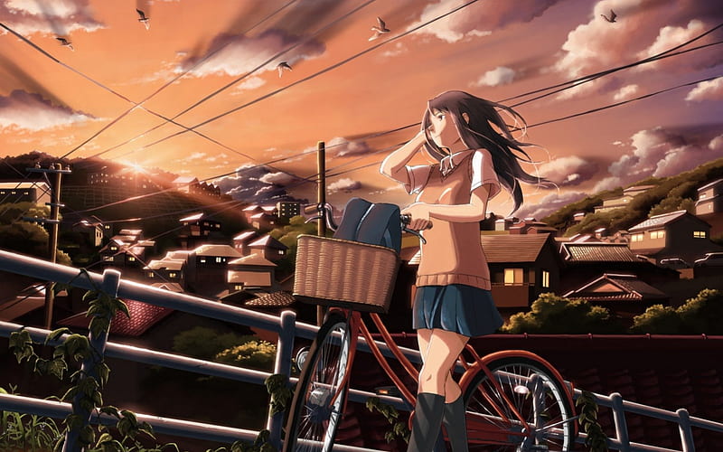 Sunset, schoolgirl, house, bag, bicycle, trees, sky, clouds, city, anime, anime girl, light, school uniform, HD wallpaper