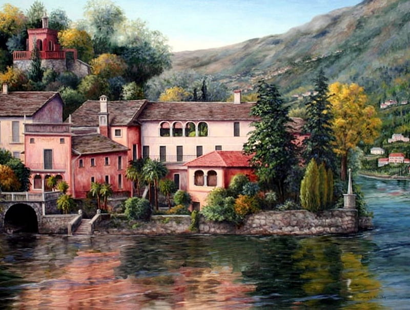 Mediterranean Village, houses, painting, trees, lake, artwork, landscape, HD wallpaper