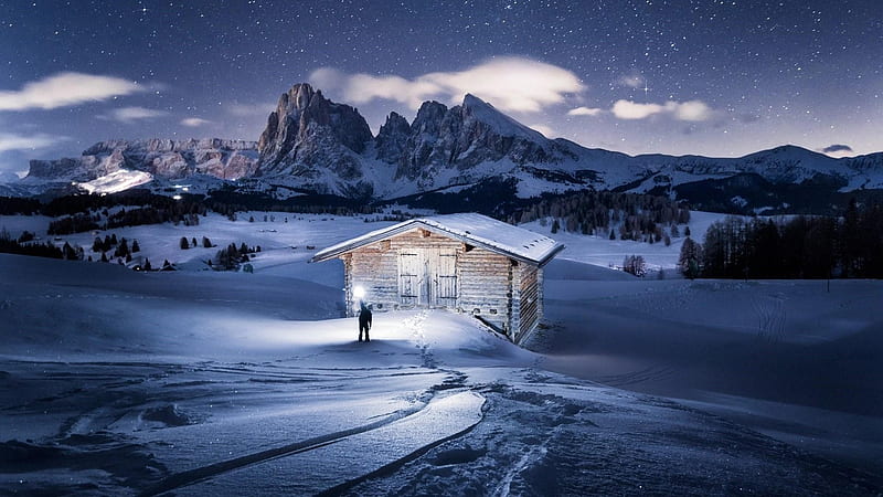 Alpe di Siusi (Seiser Alm) at night, snow, mountains, nature, alps, log cabin, night, winter, HD wallpaper