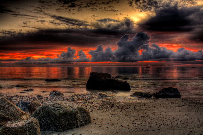 Sunset R Rocks Pretty Sun Dusk Clouds Beach Nice Stones Boat Boats Hd Wallpaper Peakpx