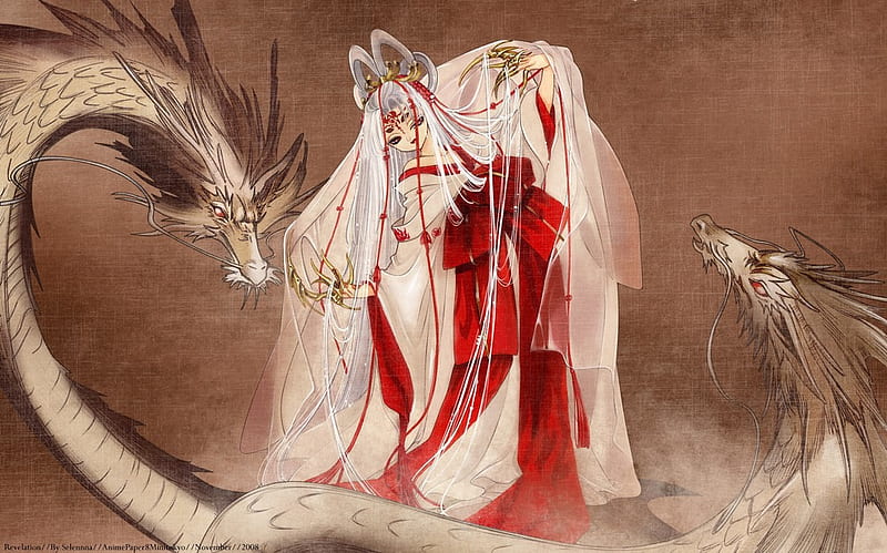 Dragon Priestess, red, sepia, miko, priestess, bonito, kimono, dragon, x 1999, ritual, anime, HD wallpaper