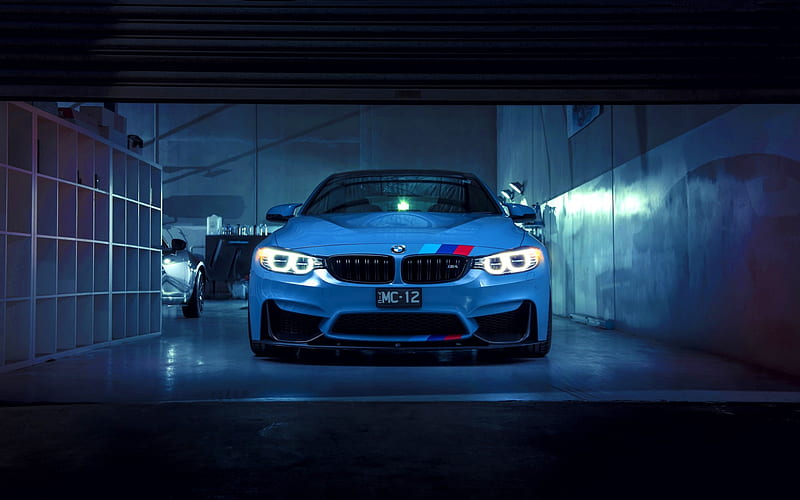 BMW M4, 2018, blue sports coupe, front view, tuning M4, M Package, garage, Blue M4, BMW, HD wallpaper