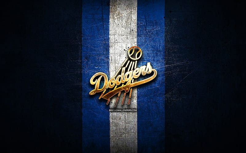 Los Angeles Dodgers, golden logo, MLB, blue metal background