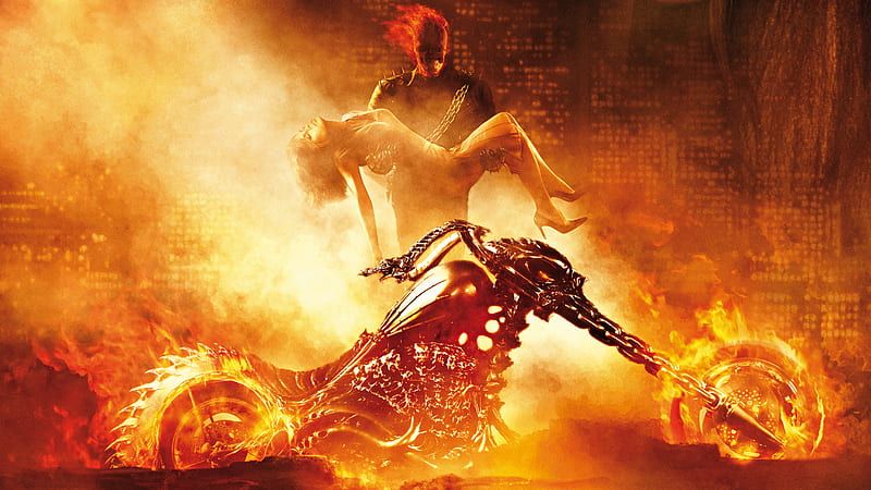 Ghost Rider, marvel, movie, nicolas cage, fire, ghost, rider, eva mendes, bike, skull, HD wallpaper