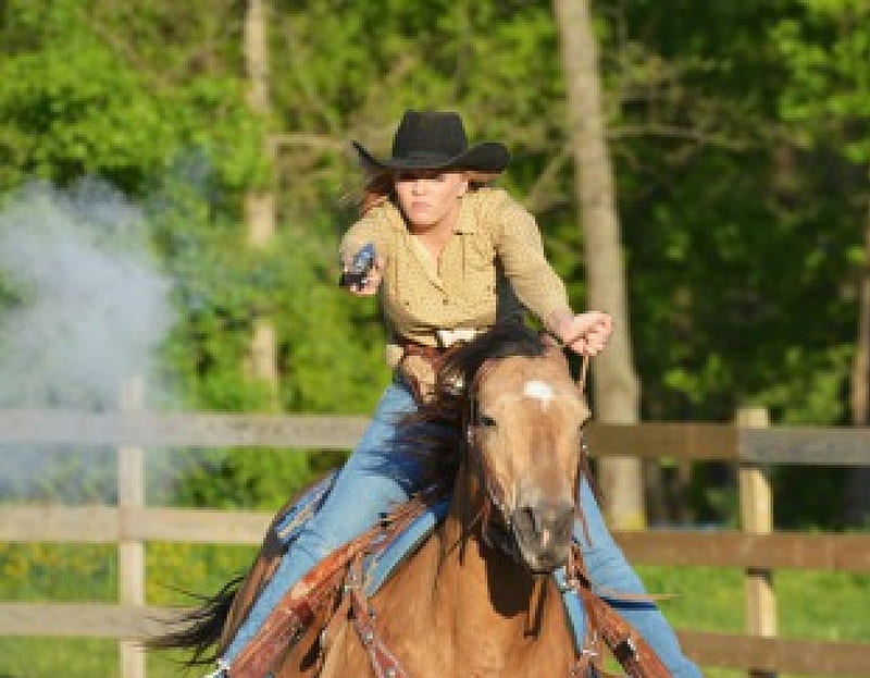 Armed and Dangerous, guns, fence, gun, cowgirl, trees, horse, smoke, hat, HD wallpaper