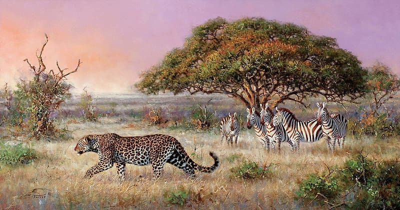 Savannah, art, cat, big cat, leopard, running, erik forli, animal, zebra, pictura, painting, pisici, HD wallpaper