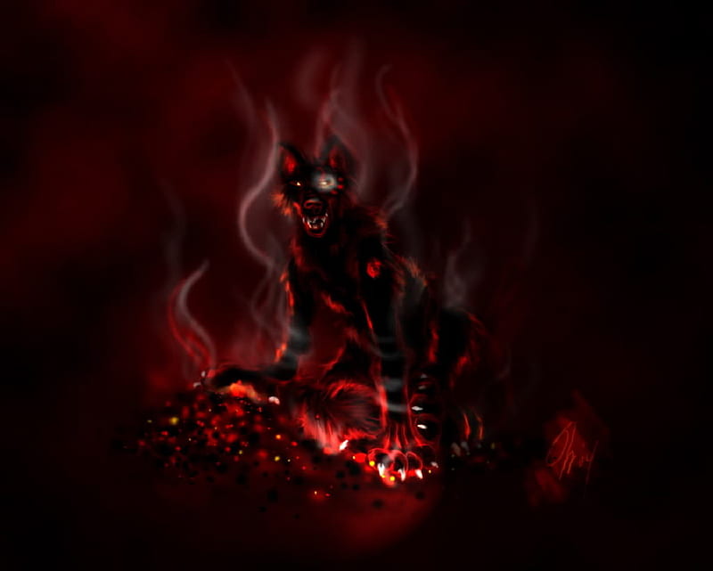 Hell wolf, fire, demon, wolf, famtasy, HD wallpaper