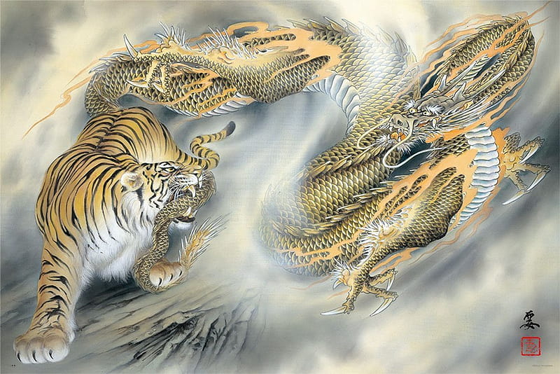 Tiger vs. Dragon, fantasy, art, asian, tiger, yellow, dragon, fight, golden, chinese, battle, HD wallpaper