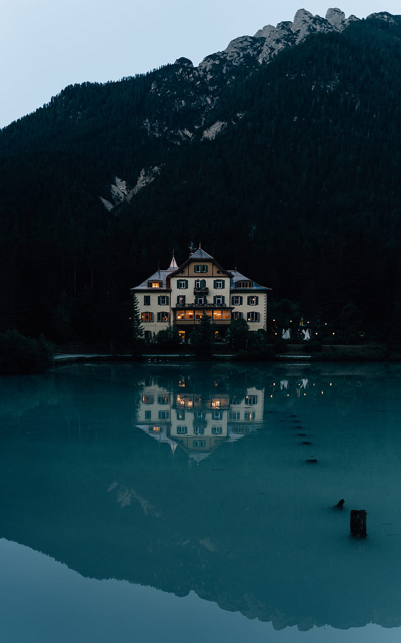 house, lake, mountains, forest, nature, HD phone wallpaper
