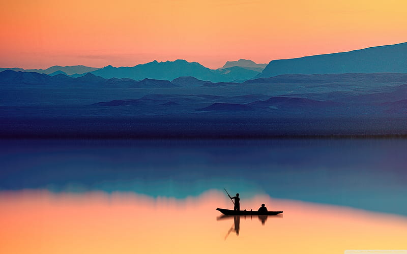 A fishing couple on a lake, man, fisherman, calm, still, water, orange, boat, blue, peacful, lakes, HD wallpaper