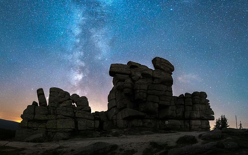 Milky Way Core behind Three Piglets - a rock formation in Giant Mountains, Poland, stars, rocks, stones, evening, HD wallpaper