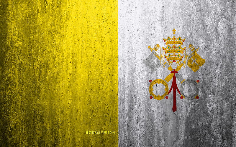 Flag of Vatican City stone background, grunge flag, Europe, Vatican City flag, grunge art, national symbols, Vatican City, stone texture, HD wallpaper