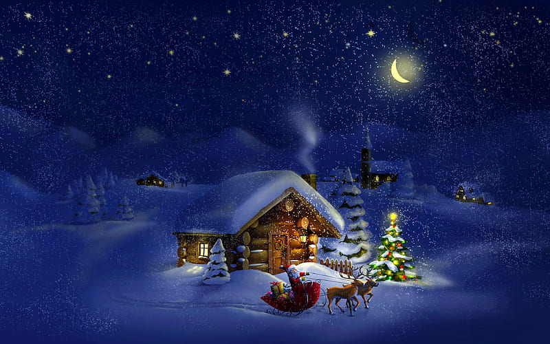 winter, Christmas, night, house in the mountains, Santa Claus, sleigh, deer, Christmas tree, New Year, HD wallpaper