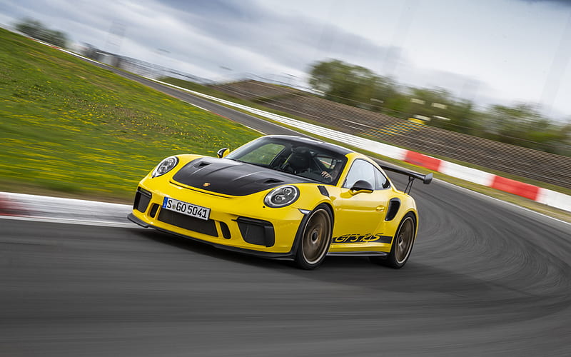Porsche 911 GT3 RS, raceway, 2018 cars, supercars, yellow 911, german cars, Porsche, HD wallpaper
