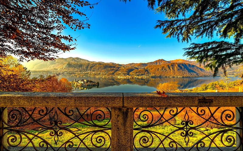 autumn, lake, old castle, mountains, autumn landscape, forest, France, HD wallpaper