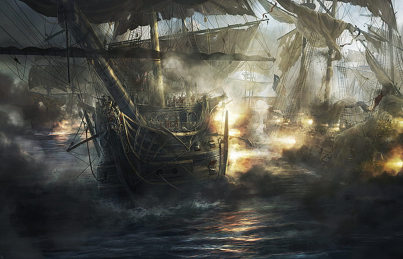 Battle of Trafalgar, fire, explosion, smoke, sailing ship, sea, HD wallpaper