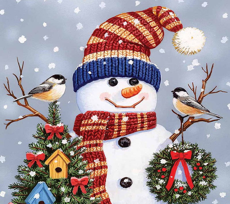 Christmas Talk, birds, snowman, artwork, winter, chickadees, snow, cap, painting, twig, HD wallpaper