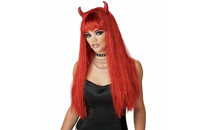hor ney redhead, female, model, redhead, devil, horns, HD wallpaper