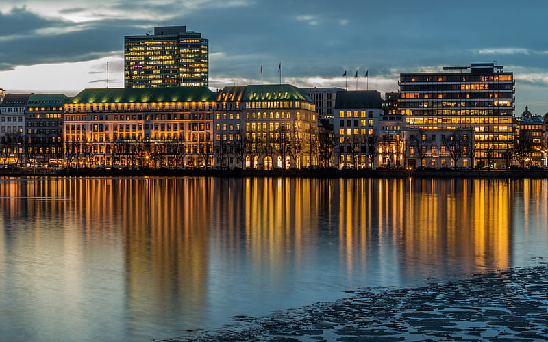 Hamburg evening city, river, Germany, Europe, HD wallpaper