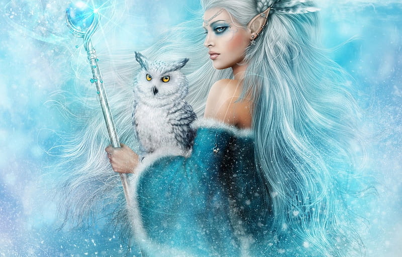 Snow Owl Fantasy, fantasy, snow, arts, owl, teal, woman, HD wallpaper