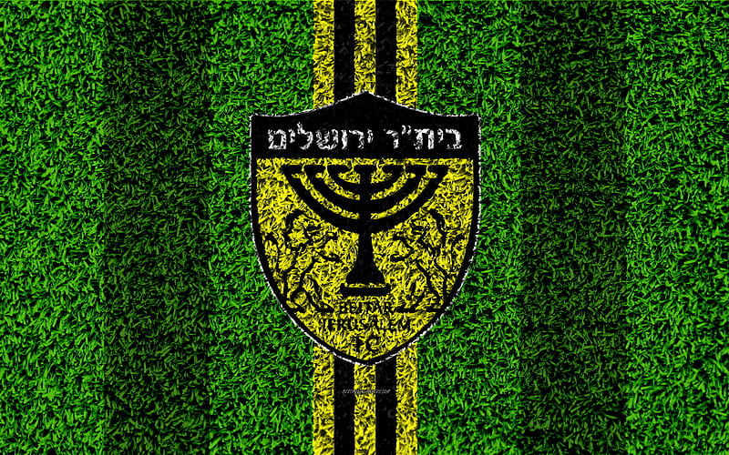 Beitar Jerusalem FC emblem, football lawn, logo, Israeli football club, yellow black lines, grass texture, Jerusalem, Israel, football, Israeli Premier League, HD wallpaper