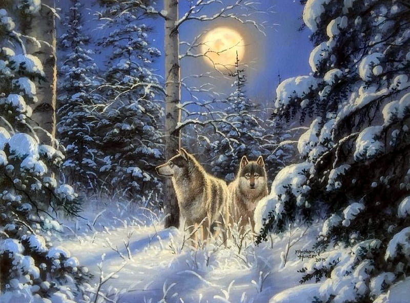 Winter Wolves, moons, holidays, white trees, love four seasons, attractions in dreams, xmas and new year, winter, paintings, snow, wolves, animals, HD wallpaper