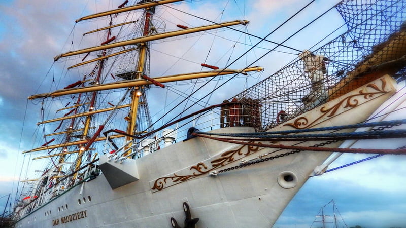 a beautiful polish tall ship r, docked, masts, tall ship, r, sky, ropes, HD wallpaper