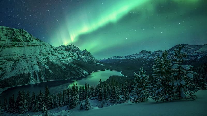Lady Aurora Dancing Over Peyto Lake, Banff National Park, Alberta, clouds, trees, canada, landscape, colors, mountains, rocks, sky, snow, HD wallpaper