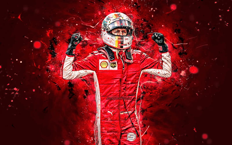 Sebastian Vettel, joy, Scuderia Ferrari, german racing drivers, neon lights, Formula 1, Vettel Ferrari, F1 2019, F1, Ferrari, HD wallpaper