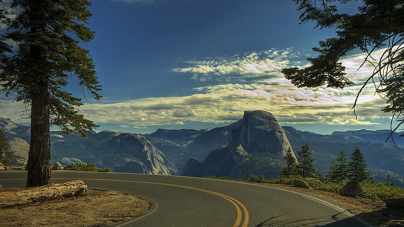 Road To Mountains, view, half dome, bonito, sunset, trees, sky, clouds, tree, lookout, splendor, mountains, peaceful, nature, sunrise, road, landscape, HD wallpaper