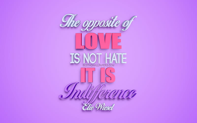 The opposite of love is not hate it’s indifference, Elie Wiesel quotes, creative 3d art, love quotes, popular quotes, motivation, inspiration, purple background, HD wallpaper