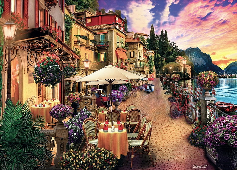 Monte Rosa Dreaming, restaurant, promenade, houses, painting, lake, artwork, HD wallpaper