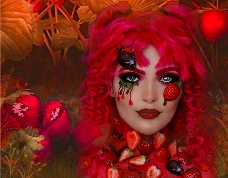 Strawberry Girl, bootiful paint masks, grandma gingerbread, women are special, funky hair face art, facing beauty, etheral women, all things red, lovely halloween gals, color on black, masking you to join, red on black or reverse, female trendsetters, album, HD wallpaper