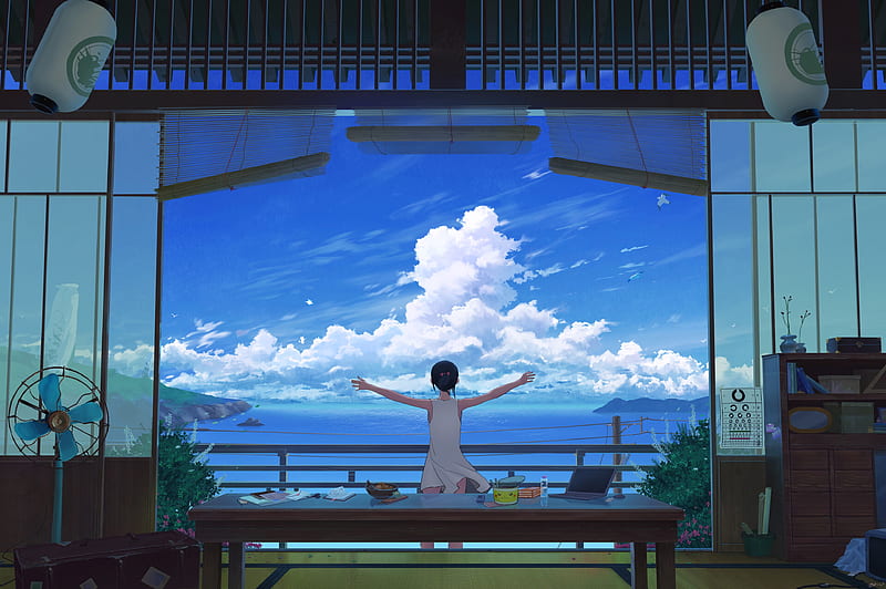 girl, terrace, art, sea, clouds, HD wallpaper
